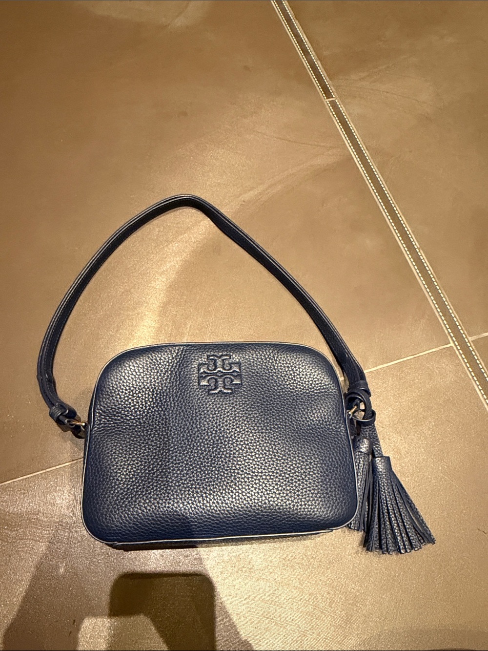 Tory Burch Navy Pebbled Leather Crossbody with Tassel Accent